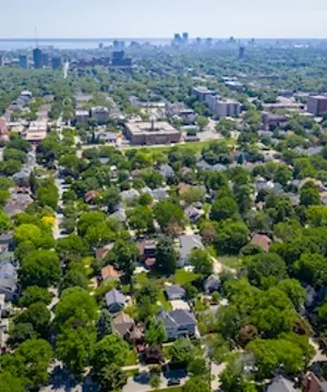 Aerial view of Milwaukee, Wisconsin looking south towards the downtown area.