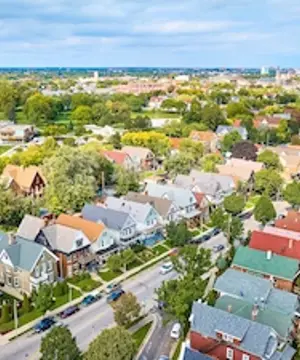 Aerial View of Suburban Milwaukee Neighborhood with Lush Greenery