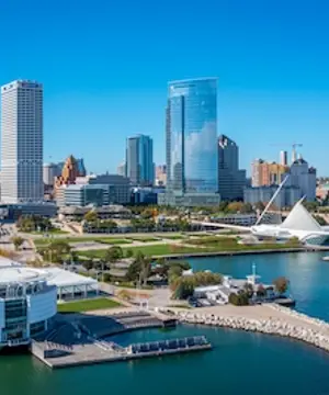 Aerial view of downtown Milwaukee including Discovery World, Milwaukee Art Museum