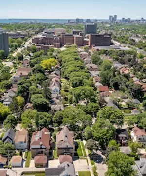 Aerial view of Milwaukee east side looking towards the University Wisconsin, Milwaukee.